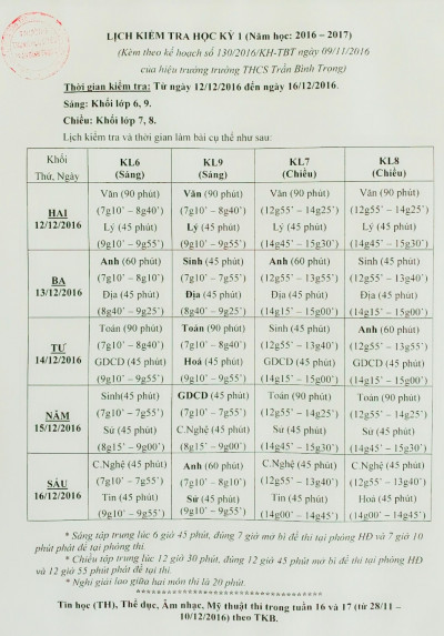 Lịch thi học kỳ 1 năm học 2016-2017