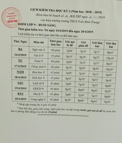 Lịch kiểm tra học kỳ 2 khối lớp 9 (2018-2019)