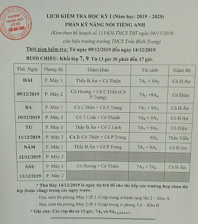 Lịch kiểm tra kỹ năng nói Tiếng Anh HK1 (2019-2020)