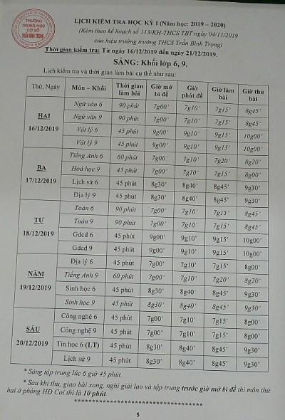 Lịch kiểm tra học kỳ 1 năm học 2019-2020