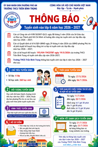 TRƯỜNG THCS TRẦN BÌNH TRỌNG THÔNG BÁO TUYỂN SINH NĂM HỌC 2026-207