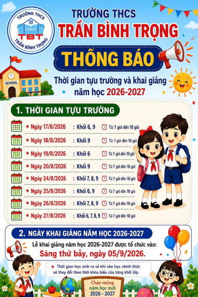 THCS Trần Bình Trọng thông báo lịch tựu trường năm học 2026-2027