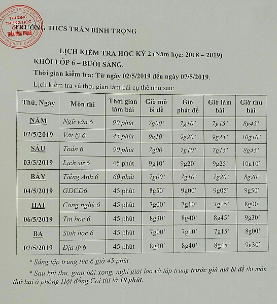Lịch kiểm tra học kỳ 2 khối lớp 6,7,8 năm học 2018-2019