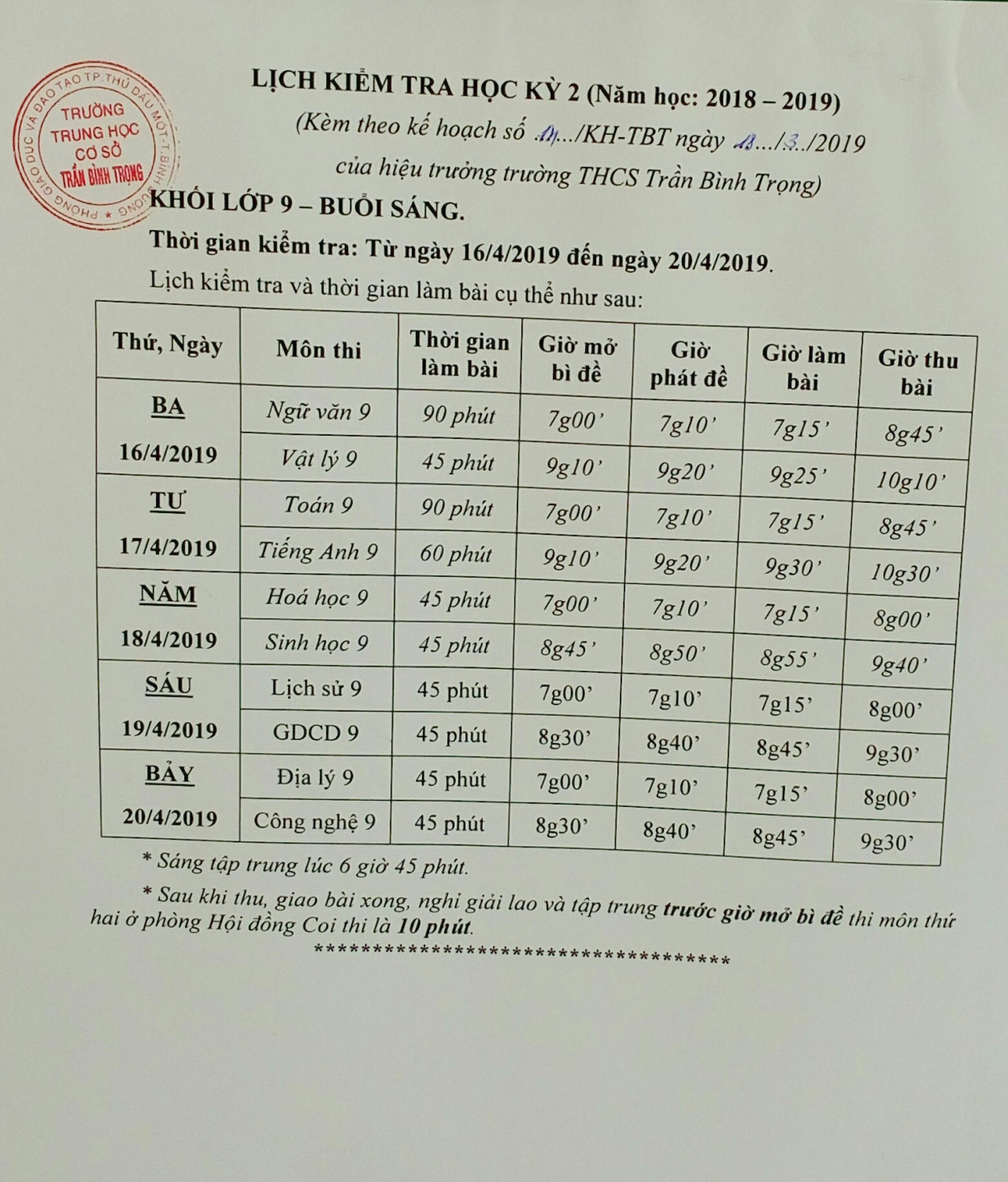 Lịch kiểm tra học kỳ 2 khối lớp 9 (2018-2019)
