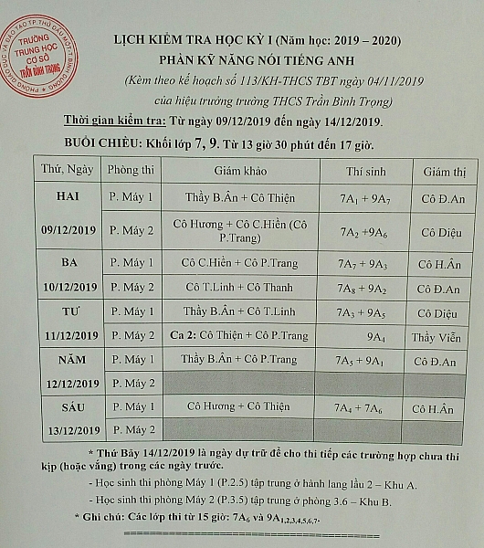 Lịch kiểm tra kỹ năng nói Tiếng Anh HK1 (2019-2020)