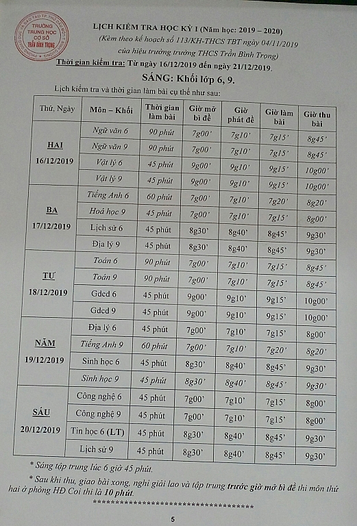 Lịch kiểm tra học kỳ 1 năm học 2019-2020