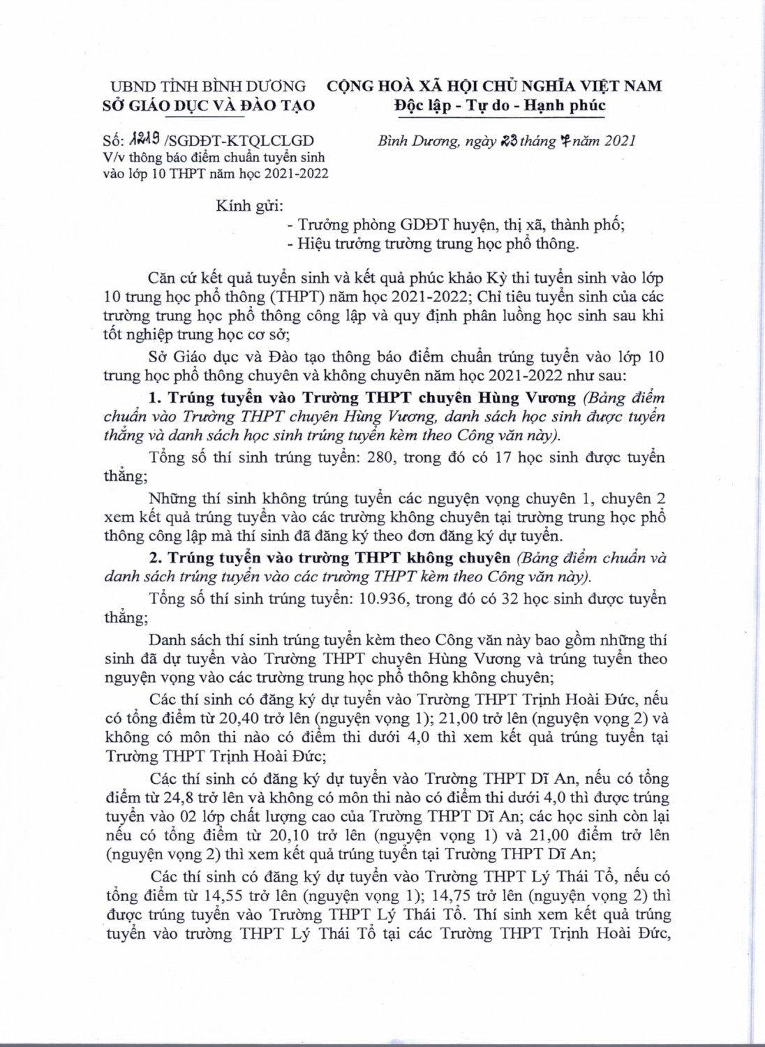 CV1219 Diem chuan lop 10 NH 2021 2022 1